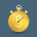 Icon currency dollar sign on a sport stopwatch. Gold coin