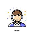 Icon of cute boy with headset which symbolizes customer service or call center for help and support concept. Flat filled outline