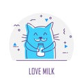 Icon with cute cat and milk bottle in a circle. Thin line flat design. Vector Royalty Free Stock Photo
