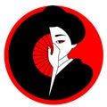 Icon with cute geisha hiding her face behind a fan