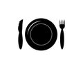 Icon of cutlery. Plate fork and knife vector silhouette. Isolated. black color Royalty Free Stock Photo