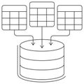 Icon of a database system with multiple tables merging into a central storage