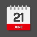 Icon day date 21 June, template calendar page