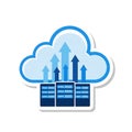 Cloud computing data upload and storage infrastructure with server racks and rising arrows icon sticker design Royalty Free Stock Photo