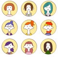 Icon of embarrassed facial expressions of nine young women surrounded by a circle 1