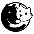 Icon or emblem representing dog and cat embracing in balance and harmony, remembering the Yin-yang. Ideal for promotional and inst