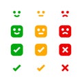 Icon emotions face, emotional symbol and approval check sign button, emotions faces and checkmark x or confirm and deny, button Royalty Free Stock Photo