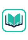 Icon features an open book in teal and navy colors, set within a Royalty Free Stock Photo