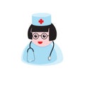 Icon of a female doctor with a stethoscope in a medical hat on a white isolated background. Vector image