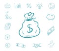 Icon finance set - money bag. Business icons with biggy bank, calculator, charts. Exchange dollars and euros