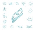 Icon finance set - stack of money. Business icons with biggy bank, calculator, charts. Exchange dollars and euros