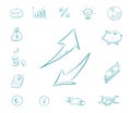 Icon financial set - arrows up and down. Business icons with money, calculator, charts. Exchange dollars and euros Royalty Free Stock Photo