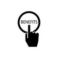 Icon of finger clicking on the inscription Benefits. Vector illustration eps 10