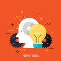 Icon with flat design element of bright idea in human head, success human solution, lightbulb lamp, eureka in problem solving. Royalty Free Stock Photo