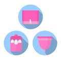 Icon flat vector set. Woman hygiene products - tampon, menstrual cup, sanitary
