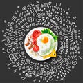 Icon Fried Eggs for Breakfast. Vector Icon Healthy Food in Cartoon Style. Illustration of Appetizing Egg with Vegetables Royalty Free Stock Photo