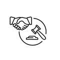 legal settlement icon, law agreement, litigation judgment concept, handshake with judge hammer, thin line symbol on
