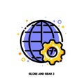 Icon of gear and globe for global process or international solution concept. Flat filled outline style. Pixel perfect 64x64
