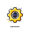 Icon of gear and globe for international technology or global service concept. Flat filled outline style. Pixel perfect 64x64