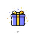 Icon of gift box which symbolizes delightful present or wonderful surprise for money-saving shopping concept. Flat filled outline