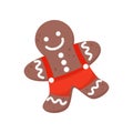 Flat vector icon of gingerbread man decorated with colored icing. Delicious Christmas cookie. Sweet food theme Royalty Free Stock Photo