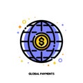Icon of global payment system with dollar and globe for transfer money all over the world concept. Flat filled outline style