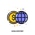 Icon of globe and dollar for global investment or world financial system concept. Flat filled outline style. Pixel perfect 64x64