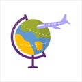 Icon of globe and plane adventure tourism, travel. Journey decorative design of jorney. Flat cartoon modern vector Royalty Free Stock Photo