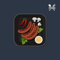 Icon of grilled sausages on pan with sause. Top view. Barbecue dish. Meat fast food. Image of picnic