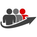 Icon of a group of people of three people and an arrow of growth. The last person in the queue is highlighted in red. Vector on Royalty Free Stock Photo