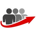 Icon of a group of people of three people and an arrow of growth. Red arrow growth. Vector on white background Royalty Free Stock Photo