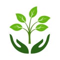 Icon of hands carefully holding green leaves. Symbol of ecology, environmental awareness, nature protection concept.