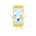 Happy humanized mobile phone in jumping action. Smartphone with cute face. Flat vector element for sale banner