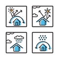 icon protect building or house from extreme weather, rainy and solar thermal, symbol design vector, set collection