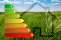 Icon of house energy efficiency rating with green background