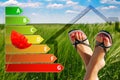 Icon of house energy efficiency rating with nice feet, poppy and green background