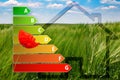 Icon of house energy efficiency rating with poppy, house and green background