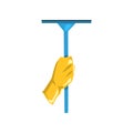 Icon of human hand in protective glove holding mop for cleaning windows. Domestic tool with blue handle. Household theme Royalty Free Stock Photo