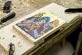 Icon in icon painting studio in Kalabaka, Greece Royalty Free Stock Photo
