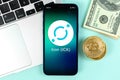 Icon ICX coin symbol. Trade with cryptocurrency, digital and virtual money, banking with mobile phone concept. Business