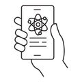 An icon illustrating a smartphone with a molecule icon on the screen, emphasizing chemistry, handheld scientific tools, a mobile