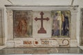 Icon with the image of the holy apostles with marble statues in the Abbazia delle Tre Fontane, in the martyrdom of the apostle Pau