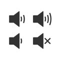 An icon that increases and reduces the sound. Icon showing the mute. A set of sound icons with different signal levels in a flat