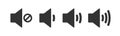 An icon that increases and reduces the sound. Icon showing the mute. A set of sound icons with different signal levels in a flat