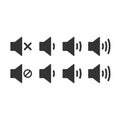 An icon that increases and reduces the sound. Icon showing the mute. A set of sound icons with different signal levels in a flat