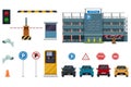 Icon isolated flat conceptual parking set with different aspects of parking process vector illustration Royalty Free Stock Photo