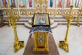 Orenburg, Russian Federation-2 Aprel 2019. icon of Jesus Christ the Almighty on a gilded stand next to candlesticks