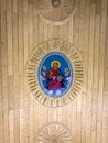 Icon of the Jesus Christ. Fresco on the wooden ceiling in The Church Dormition of the Mother of God.