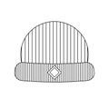 Icon of knitted winter hat. Black outline headwear with badge and stripes.Vector Royalty Free Stock Photo