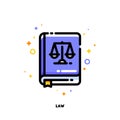 Icon of law book for justice concept. Flat filled outline style